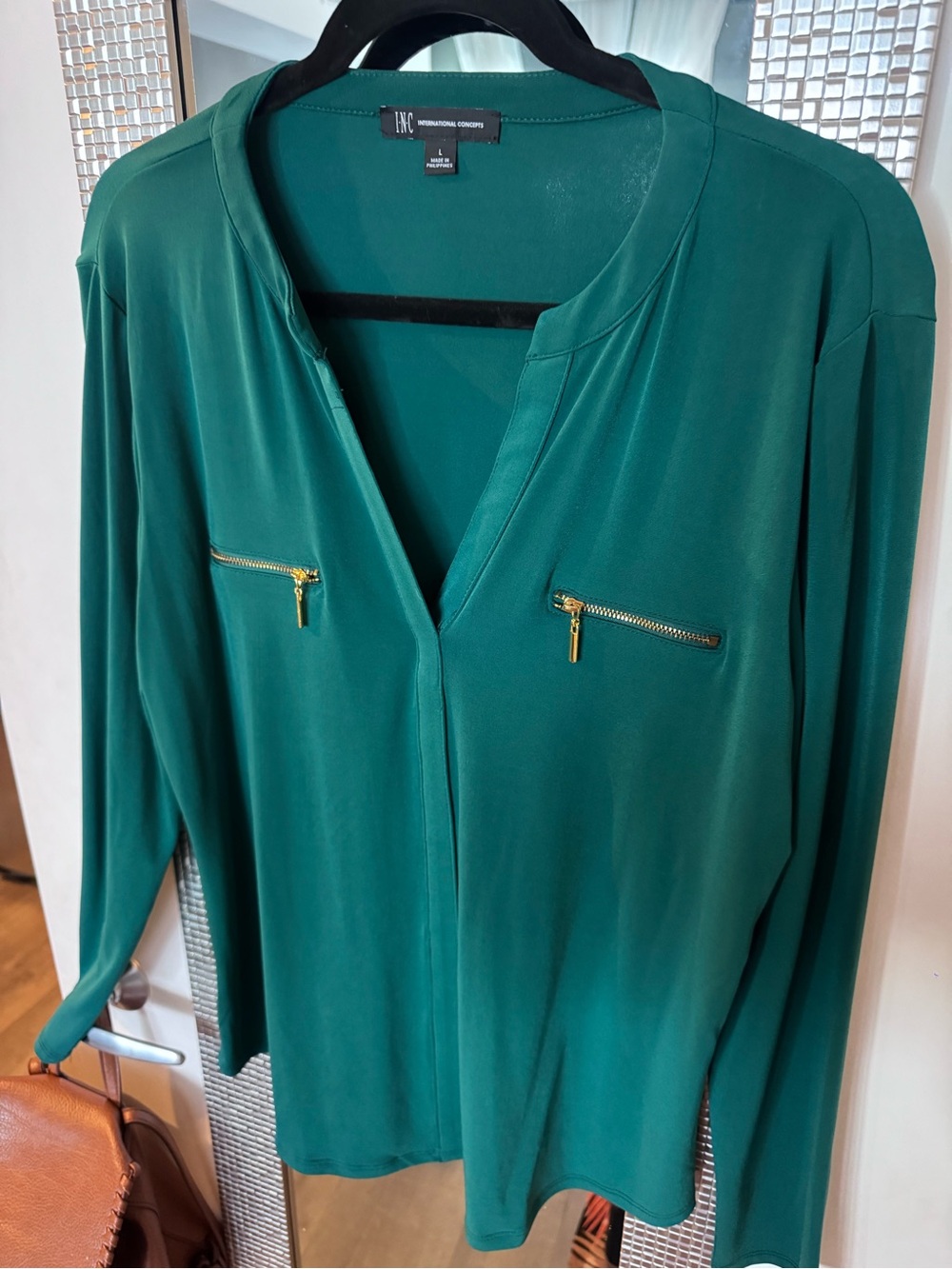 INC International Concepts, Emerald green V-Neck Blouse with Gold Zipper Accents - Picture 2 of 7